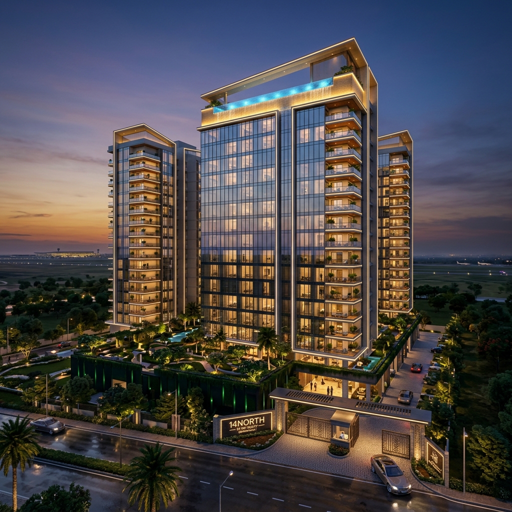 The 14th-floor sky deck and infinity pool at 14North by R&Y Realty, looking out over the open horizon of North Bangalore and the flight path of Kempegowda International Airport Terminal 2.