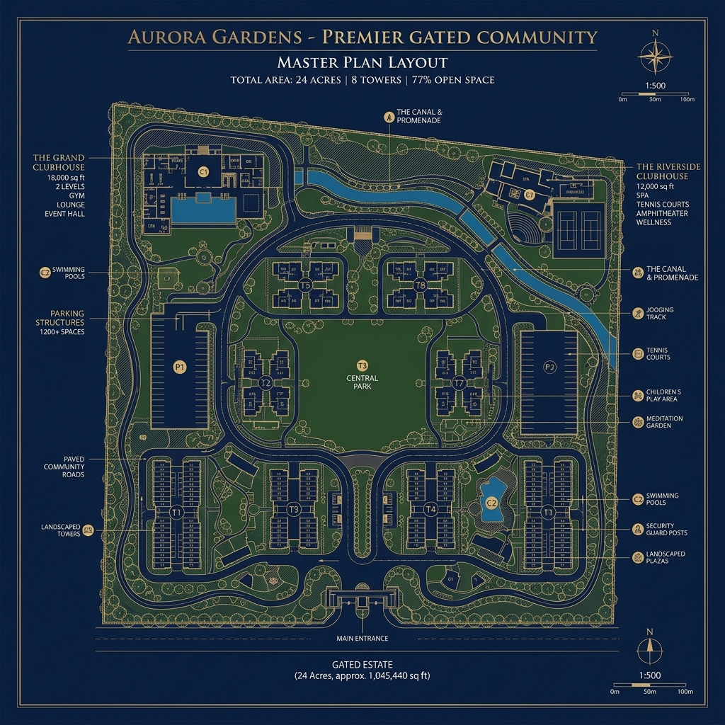 Master plan of Purva Northern Lights — 24.59 acre gated community with 8 towers and 77 percent open space, 2 3 4 BHK apartments in KIADB Aerospace Park Bagalur Bangalore